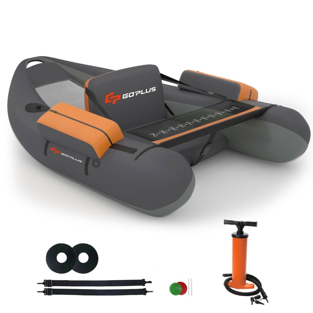 Inflatable Fishing Float Tube with Pump Storage Pockets and Fish Ruler-Gray