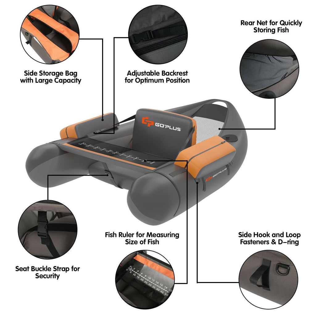 Inflatable Fishing Float Tube with Pump Storage Pockets and Fish Ruler-Gray