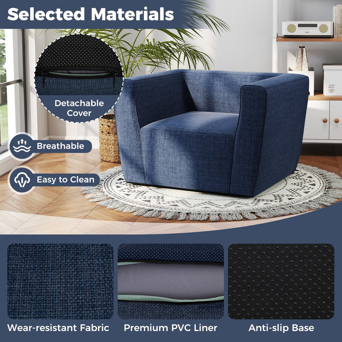 Inflatable Sofa with Detachable Cover and Wide Armrests-Blue