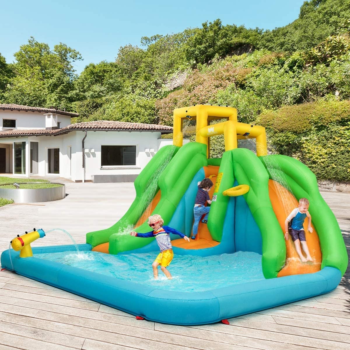 Inflatable Water Park with Double Slides, Curved Slide and Climbing Wall, No Blower