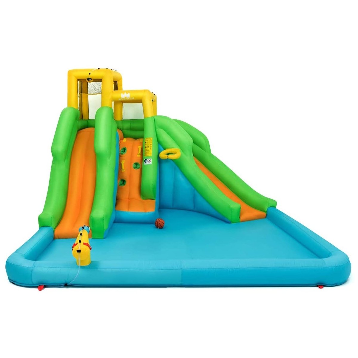 Inflatable Water Park with Double Slides, Curved Slide and Climbing Wall, No Blower