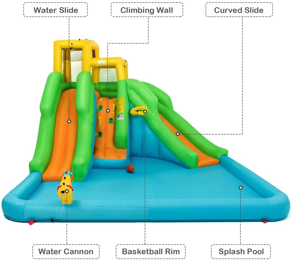 Inflatable Water Park with Double Slides, Curved Slide and Climbing Wall, No Blower