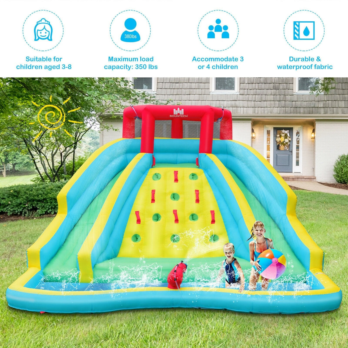 Inflatable Water Park with Two Curved Slides, Water Valve and 735W Blower