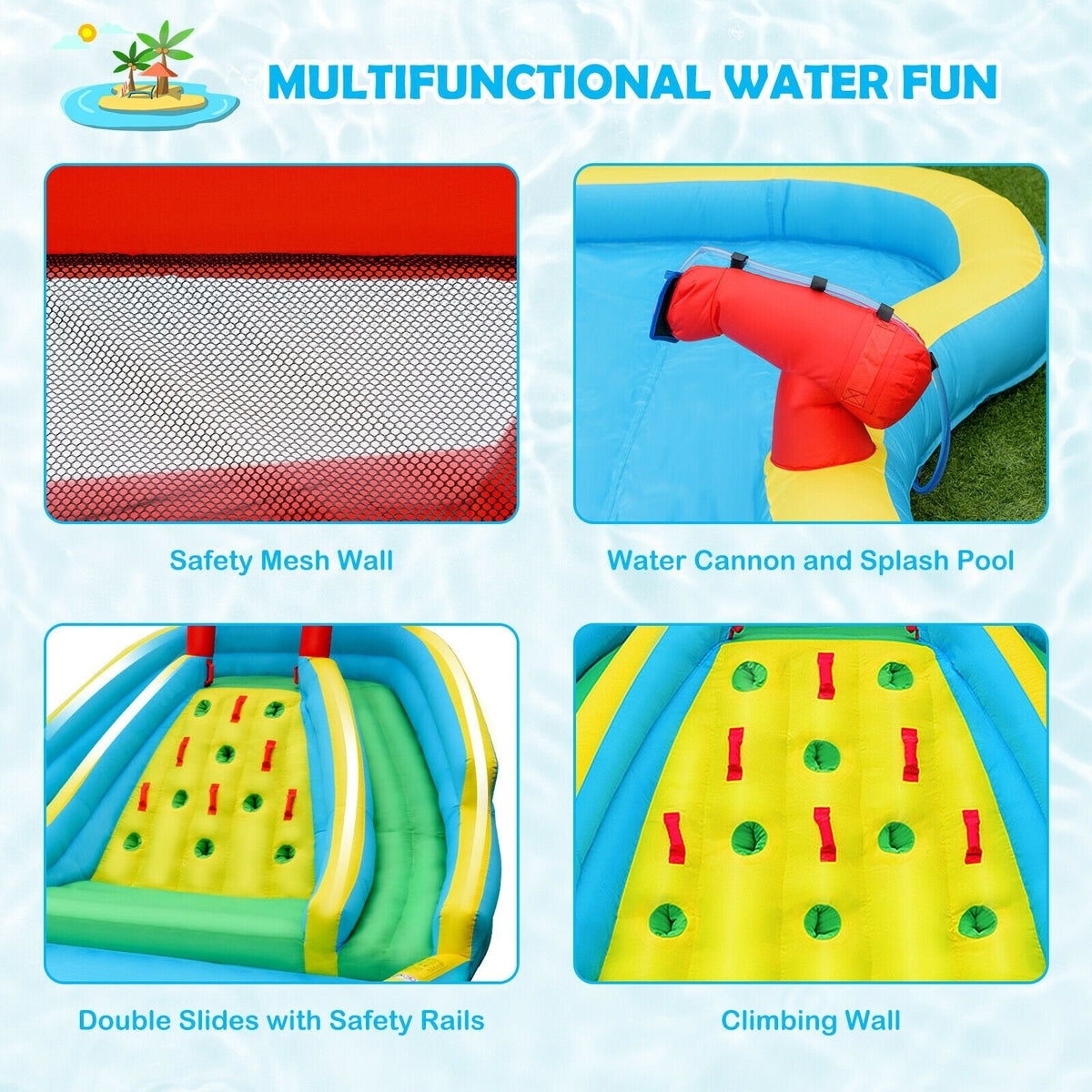 Inflatable Water Park with Two Curved Slides, Water Valve and 735W Blower