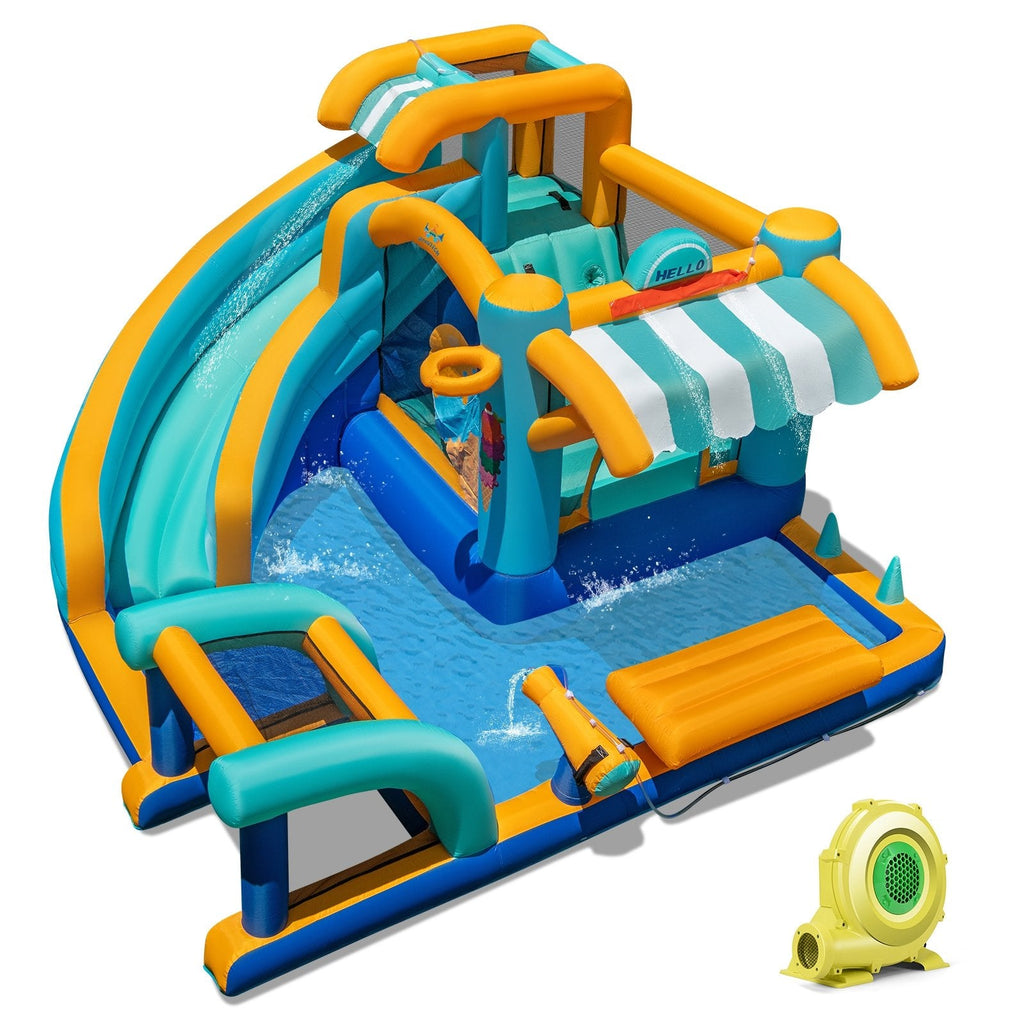 9 in 1 Inflatable Water Park with Climbing Wall, Ring Toss and 735W Blower