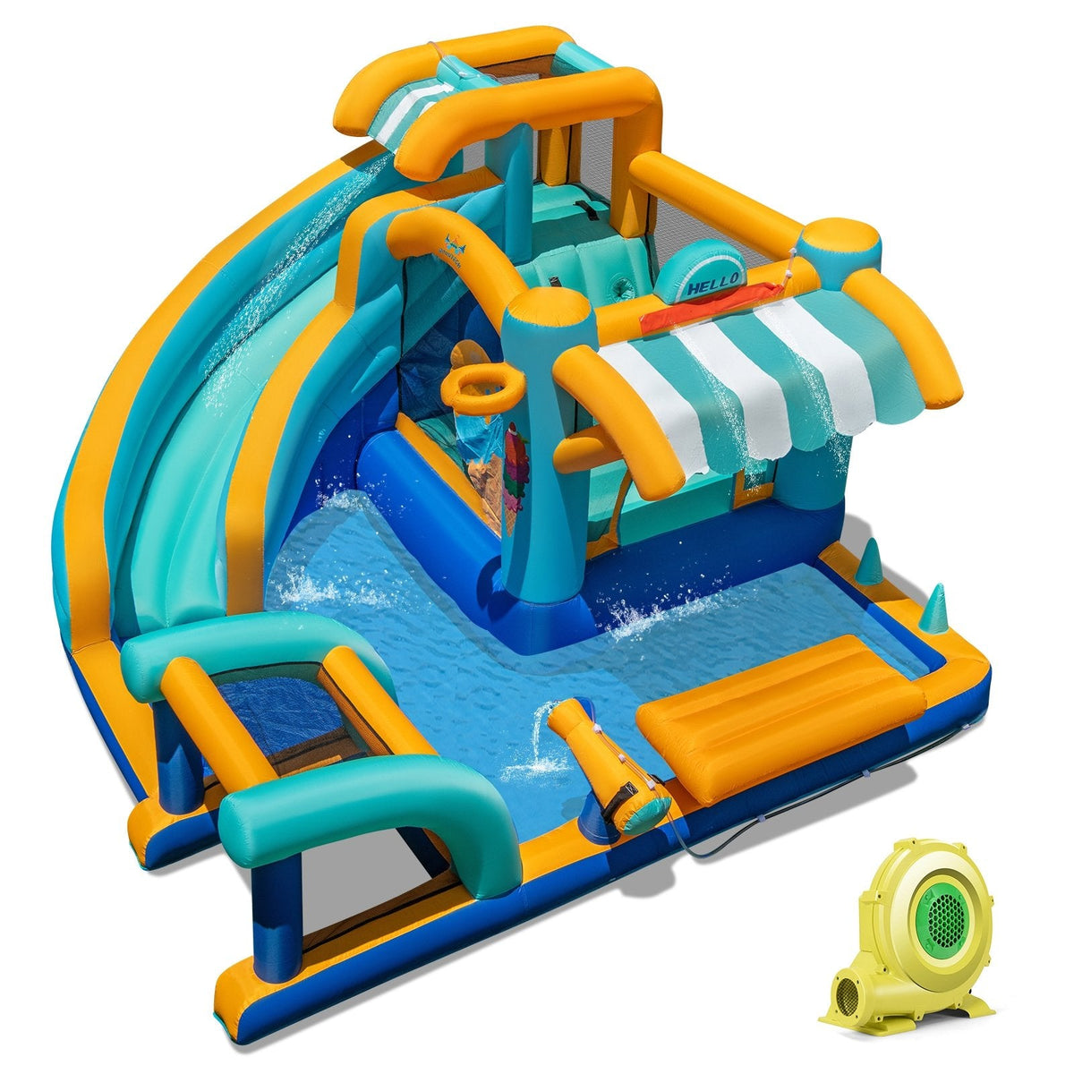 9 in 1 Inflatable Water Park with Climbing Wall, Ring Toss and 735W Blower