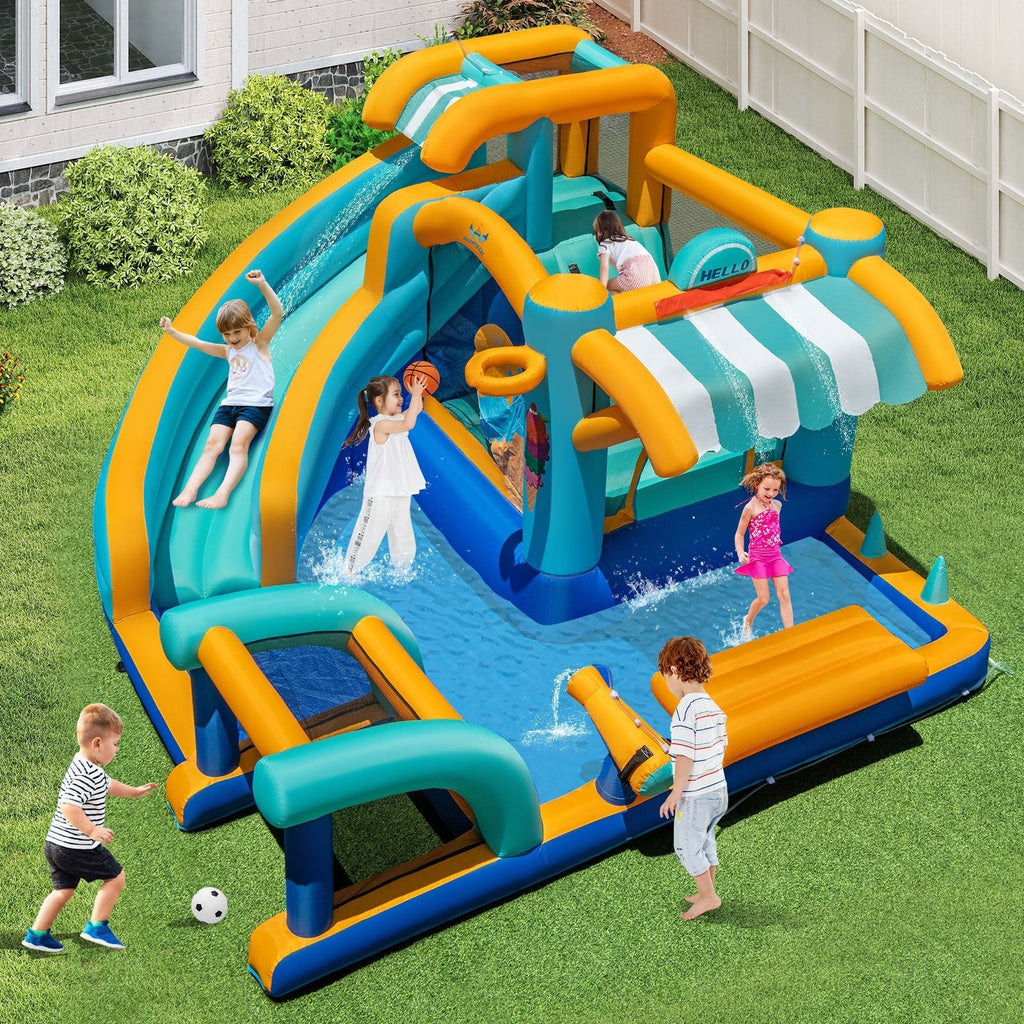 9 in 1 Inflatable Water Park with Climbing Wall, Ring Toss and 735W Blower
