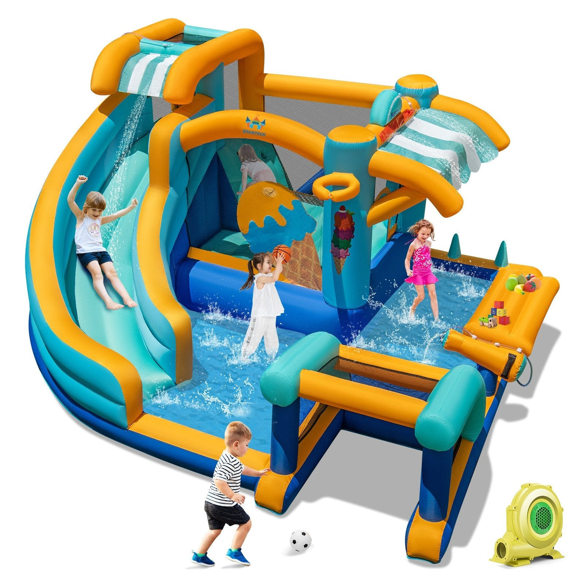 9 in 1 Inflatable Water Park with Climbing Wall, Ring Toss and 735W Blower
