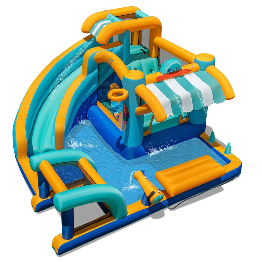 9 in 1 Inflatable Water Park with Climbing Wall, Ring Toss and 735W Blower