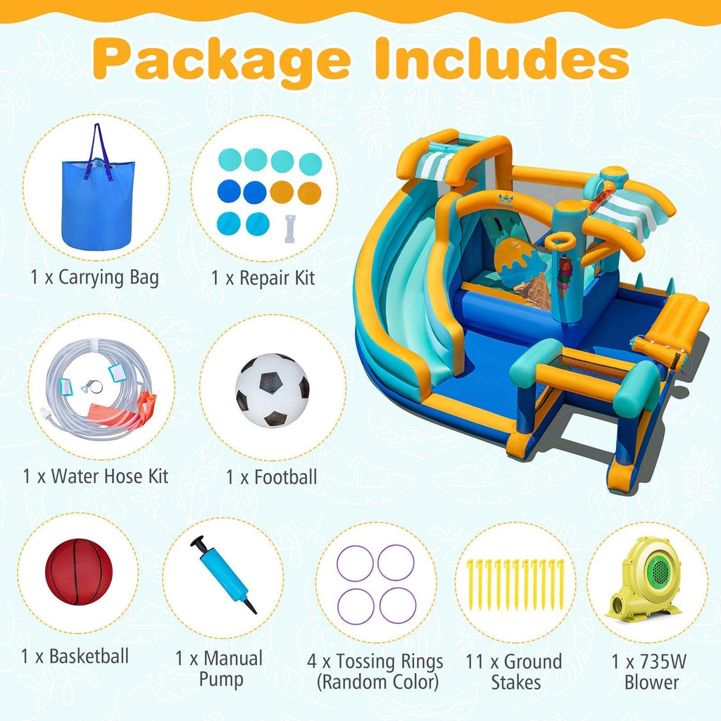 9 in 1 Inflatable Water Park with Climbing Wall, Ring Toss and 735W Blower