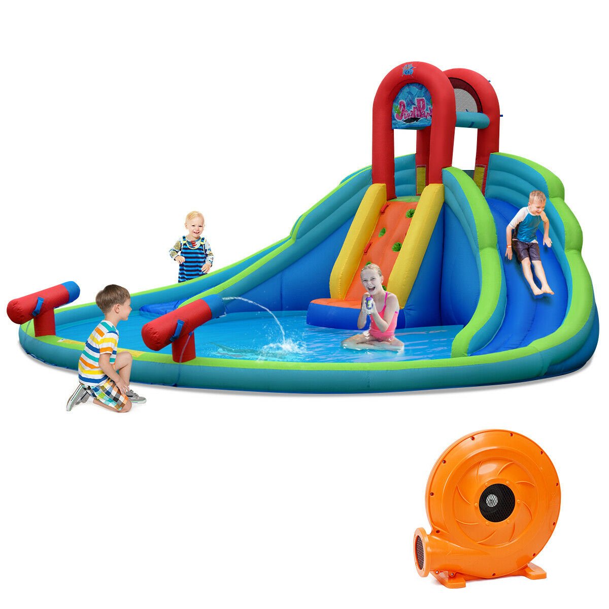Inflatable Water Park with Two Slides, Climbing Wall and Large Splash Pool