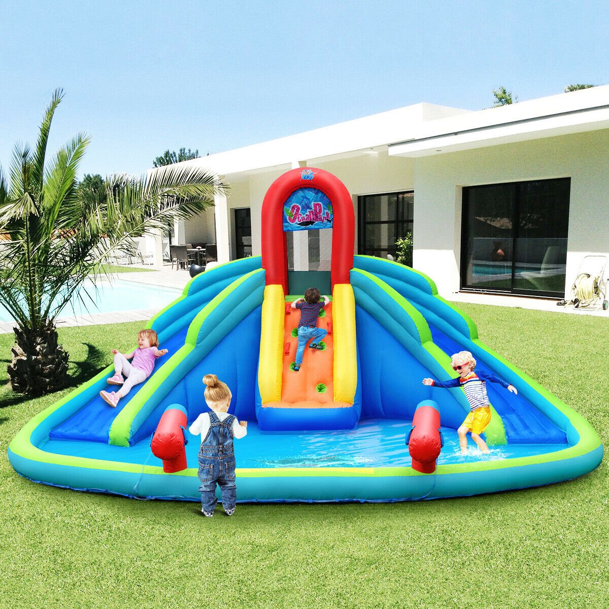 Inflatable Water Park with Two Slides, Climbing Wall and Large Splash Pool