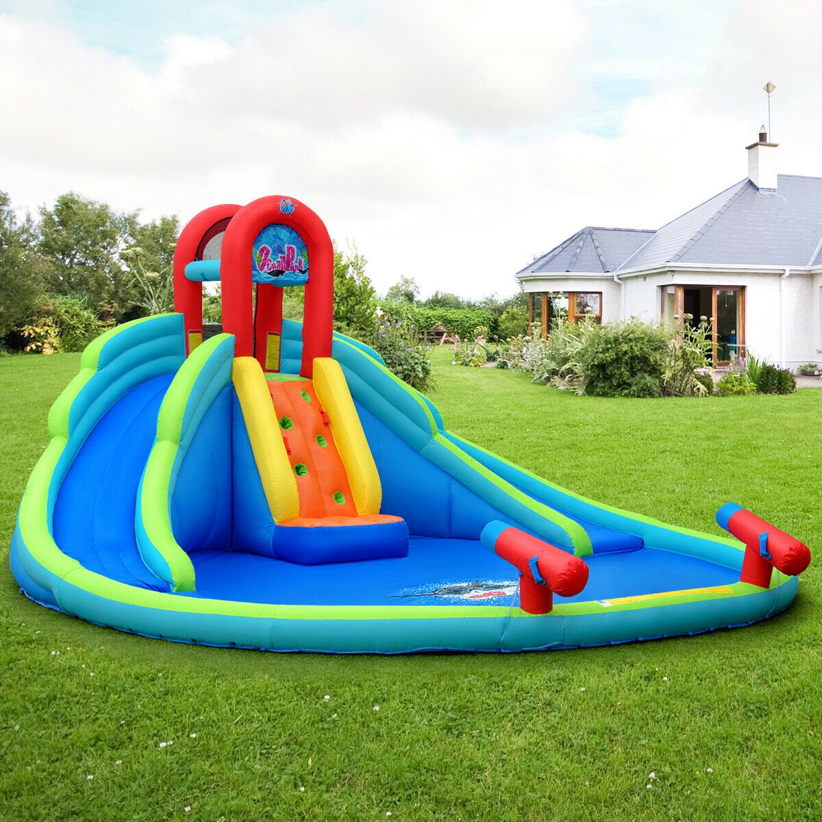 Inflatable Water Park with Two Slides, Climbing Wall and Large Splash Pool