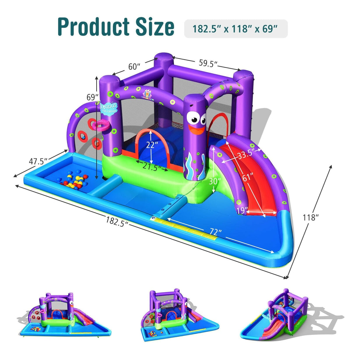 Octopus Inflatable Water Castle with Trampoline, Ball Pit and Splash Pool, No Blower