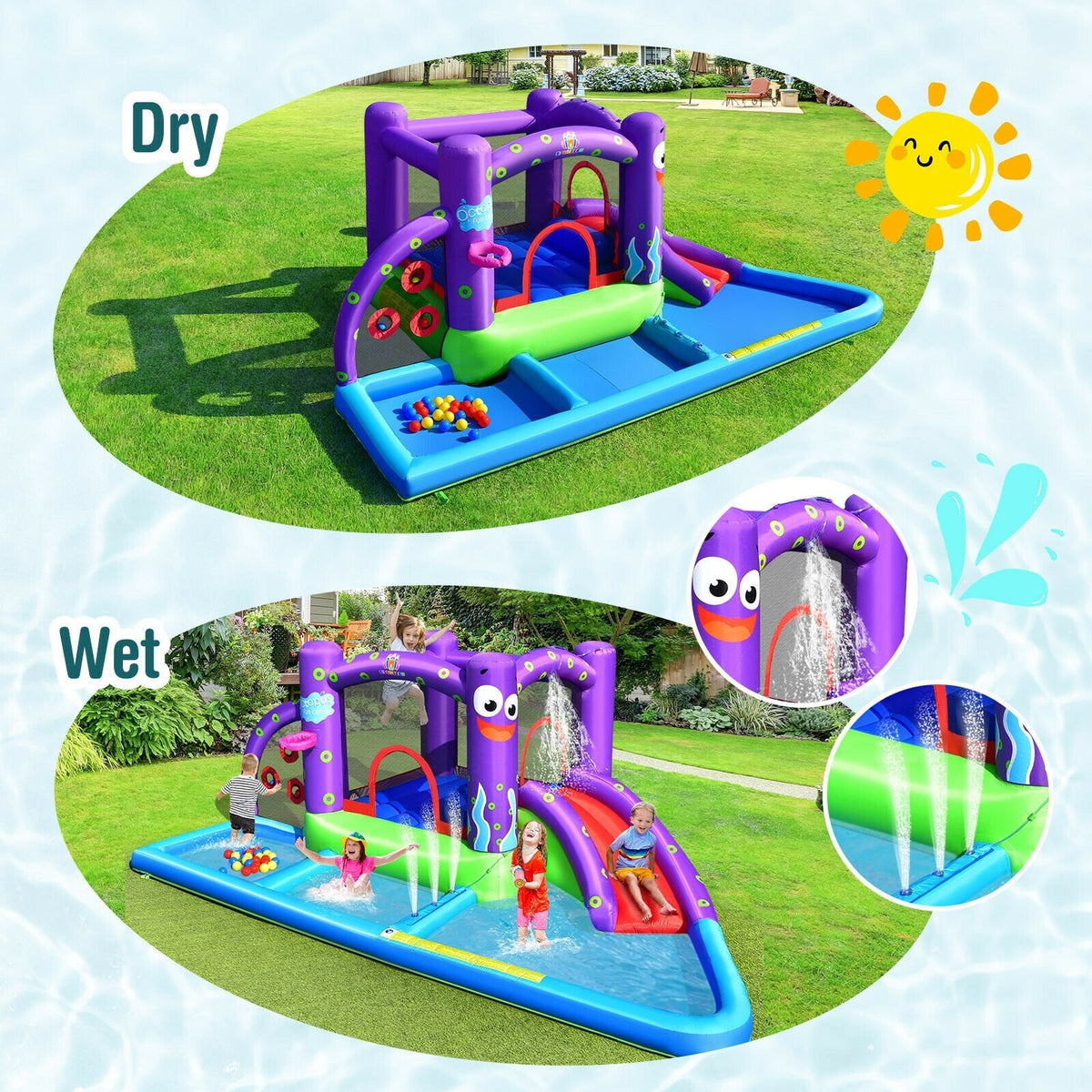 Octopus Inflatable Water Castle with Trampoline, Ball Pit and Splash Pool, No Blower