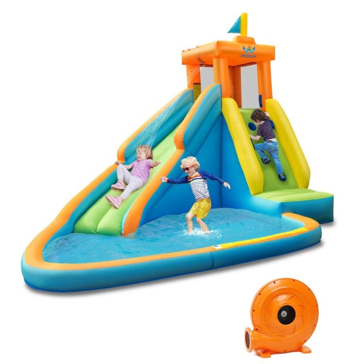 Inflatable Water Park with Climbing Wall, Mounted Squirt Guns and Blower Included