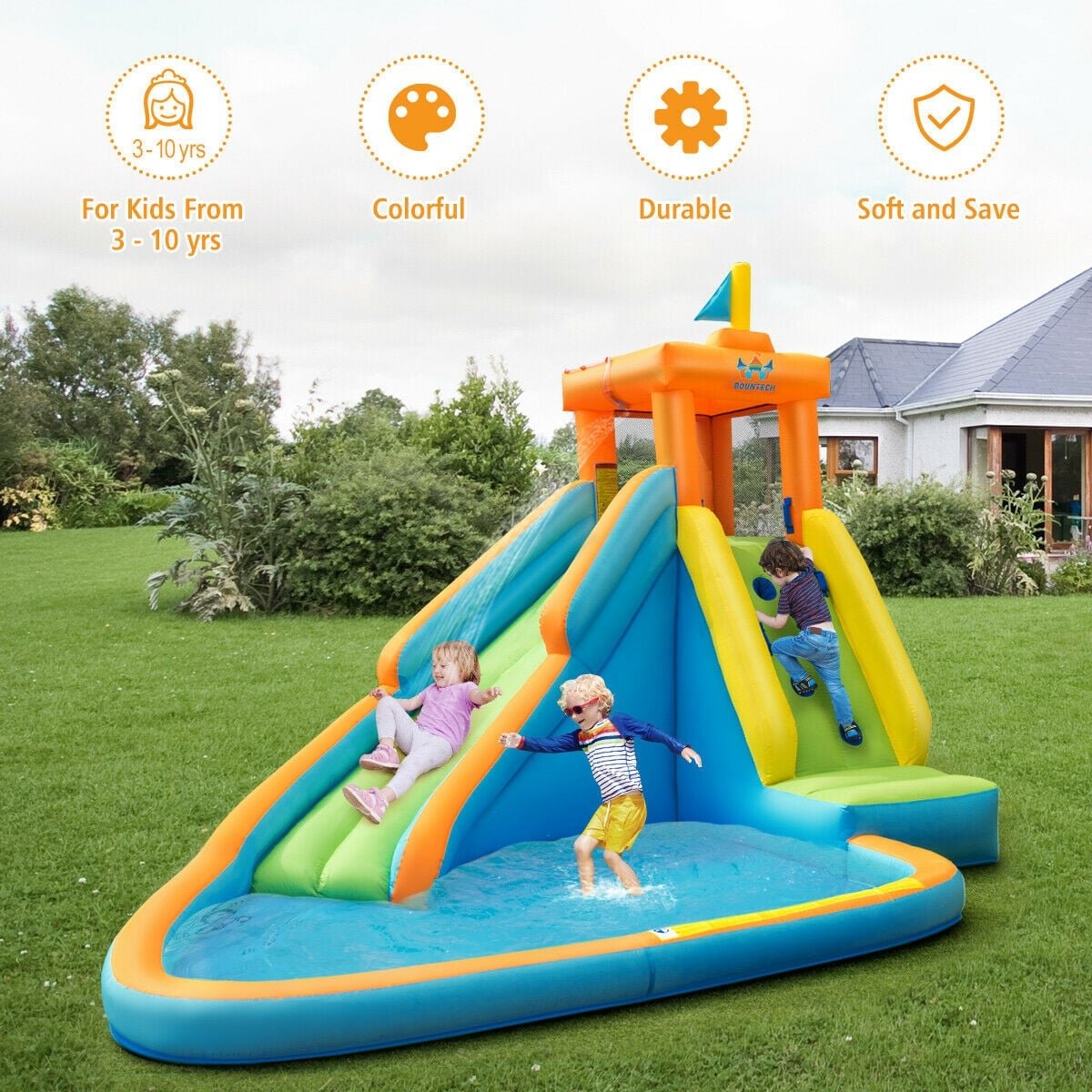 Inflatable Water Park with Climbing Wall, Mounted Squirt Guns and Blower Included