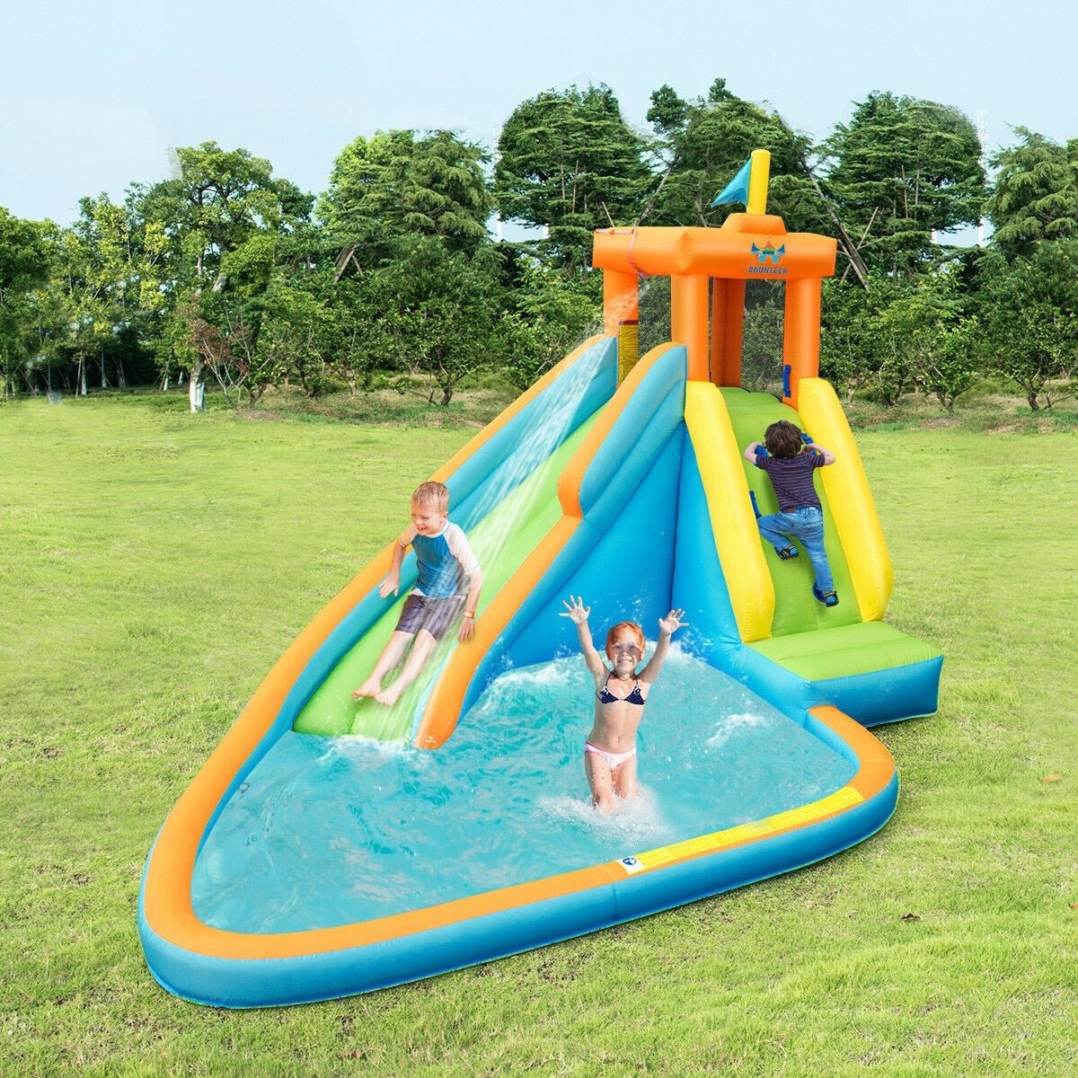 Inflatable Water Park with Climbing Wall, Mounted Squirt Guns and Blower Included