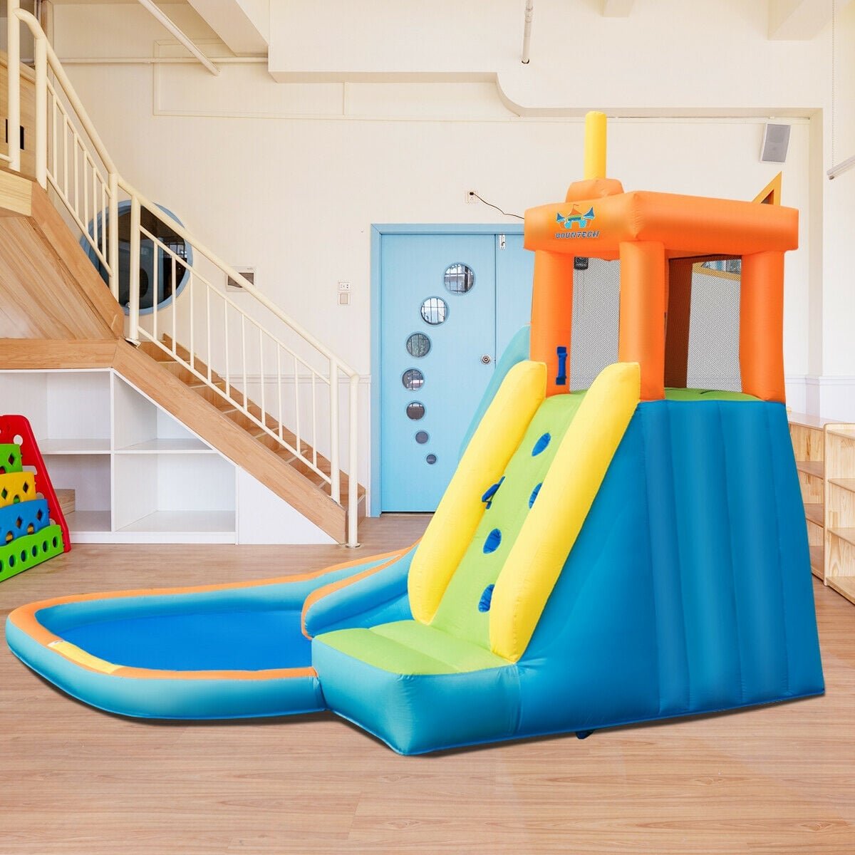 Inflatable Water Park with Climbing Wall, Mounted Squirt Guns and Blower Included