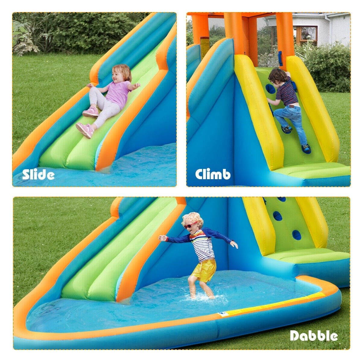 Inflatable Water Park with Climbing Wall, Mounted Squirt Guns and Blower Included