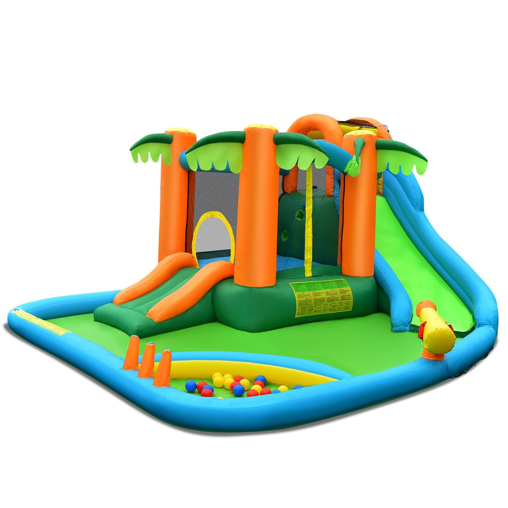 Palm Tree Inflatable Water Slide Park with Upgraded Handrail and Ball Pit, No Blower