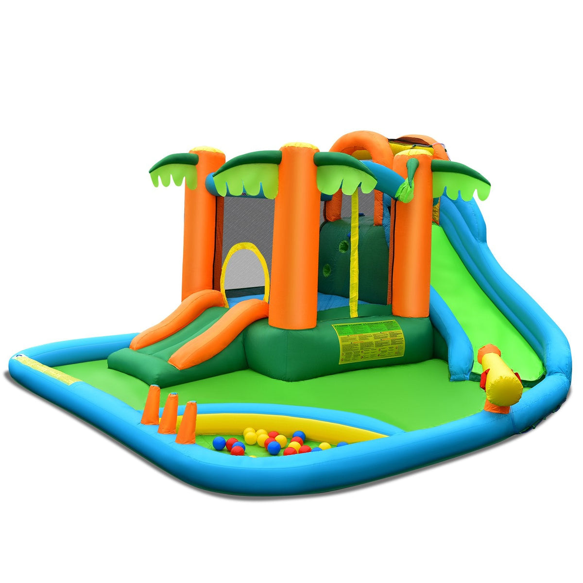 Palm Tree Inflatable Water Slide Park with Upgraded Handrail and Ball Pit, No Blower
