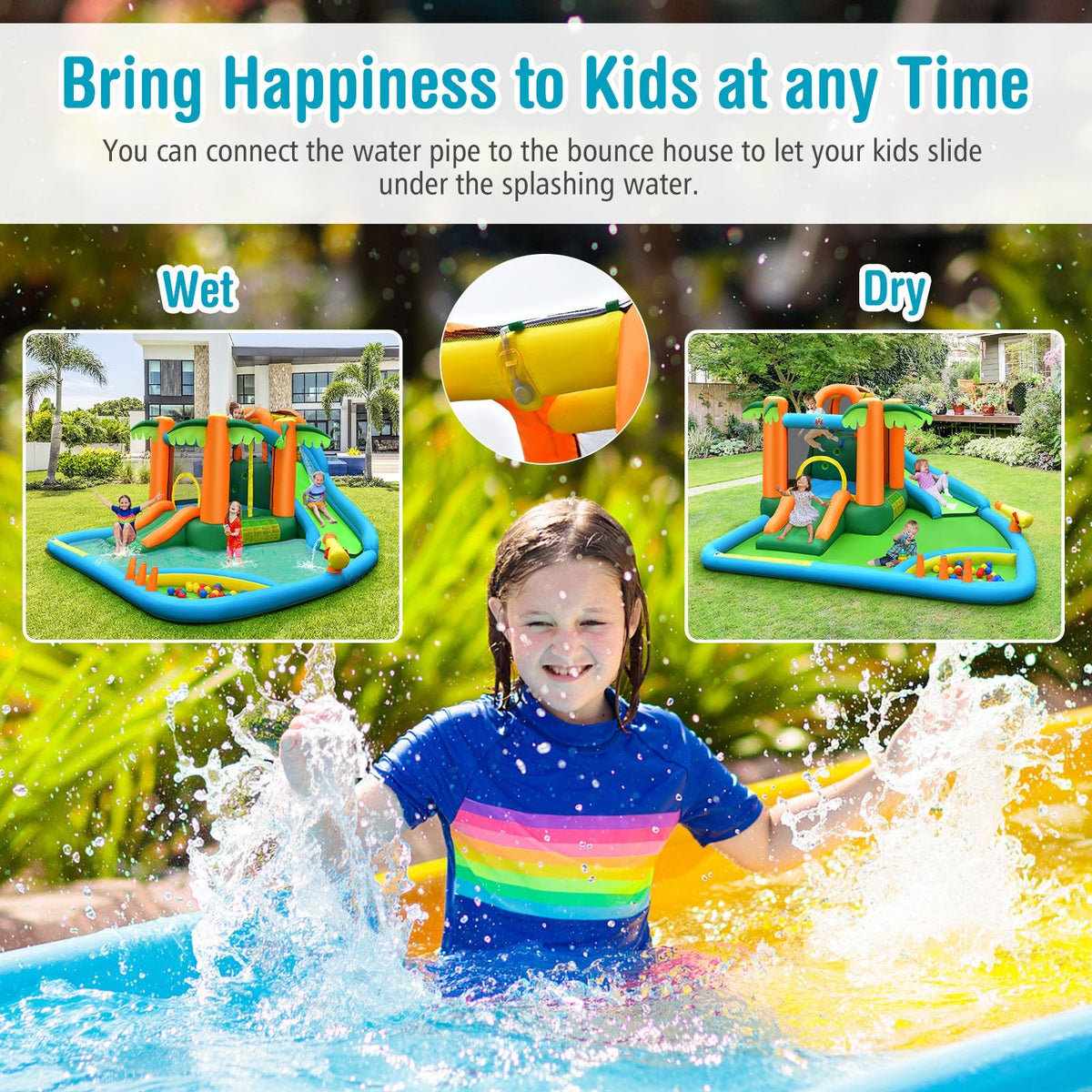 Palm Tree Inflatable Water Slide Park with Upgraded Handrail and Ball Pit, No Blower