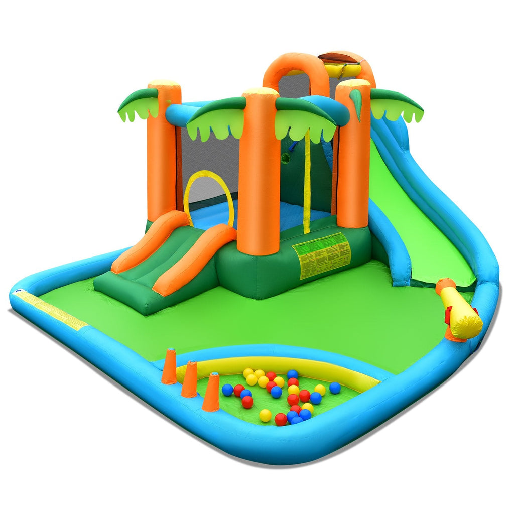 Palm Tree Inflatable Water Slide Park with Upgraded Handrail and Ball Pit, No Blower