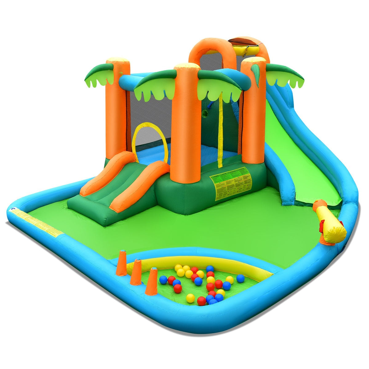 Palm Tree Inflatable Water Slide Park with Upgraded Handrail and Ball Pit, No Blower