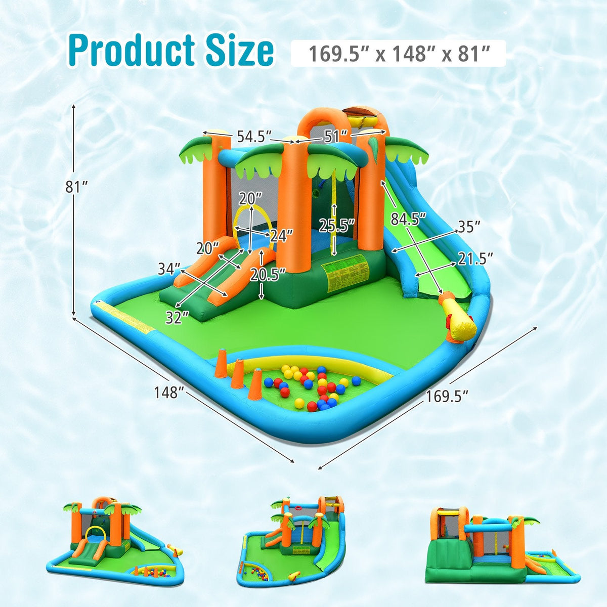 Palm Tree Inflatable Water Slide Park with Upgraded Handrail and Ball Pit, No Blower