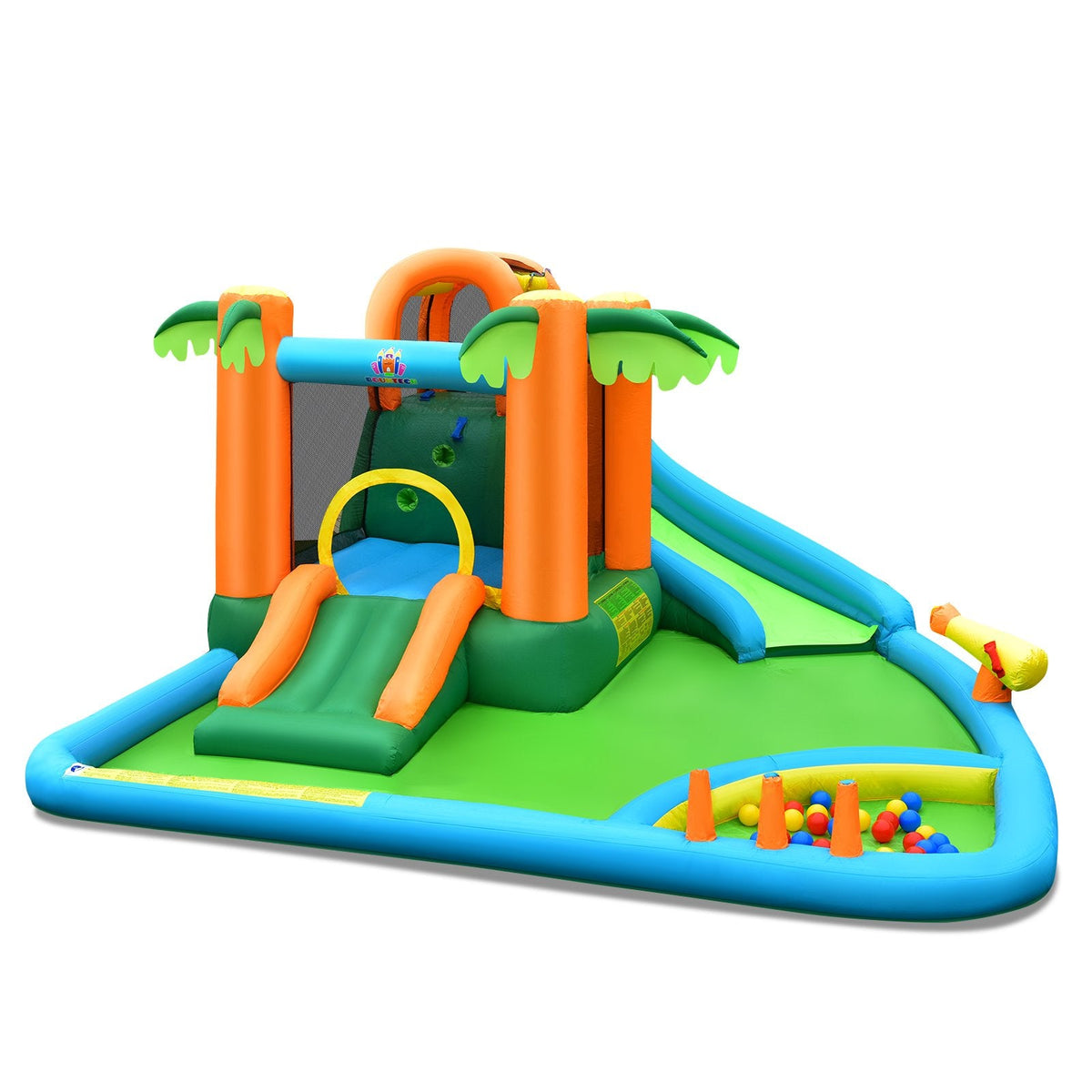 Palm Tree Inflatable Water Slide Park with Upgraded Handrail and Ball Pit, No Blower