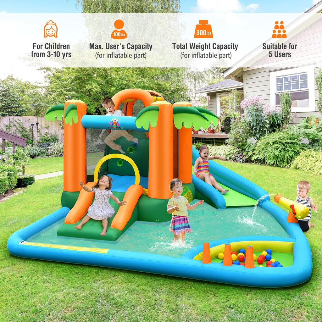 Palm Tree Inflatable Water Slide Park with Upgraded Handrail and Ball Pit, No Blower
