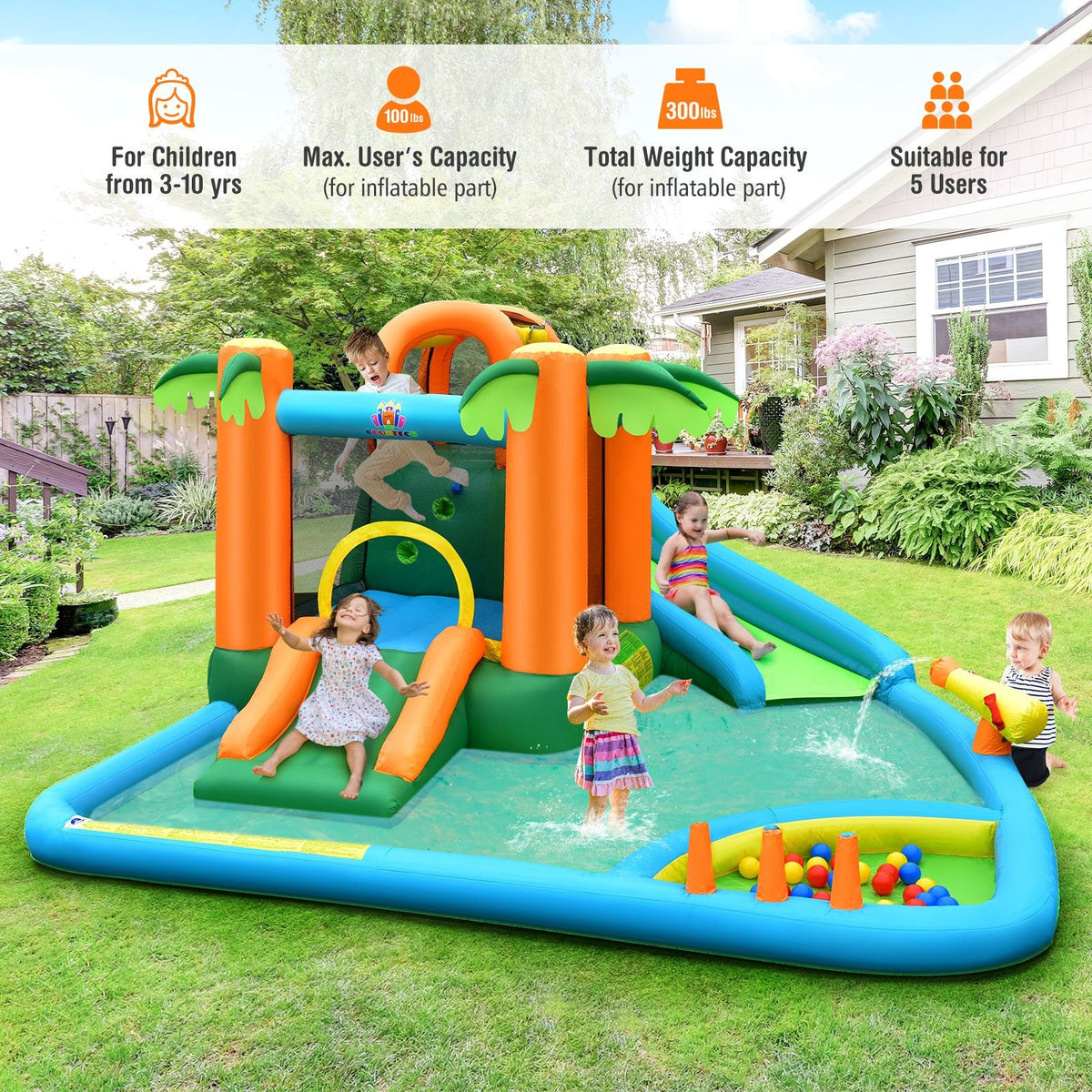 Palm Tree Inflatable Water Slide Park with Upgraded Handrail and Ball Pit, No Blower