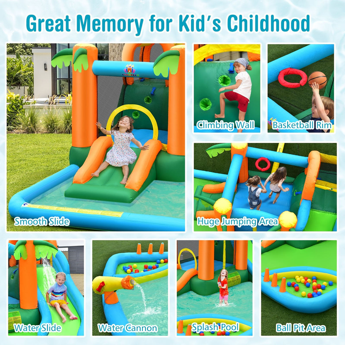 Palm Tree Inflatable Water Slide Park with Upgraded Handrail and Ball Pit, No Blower