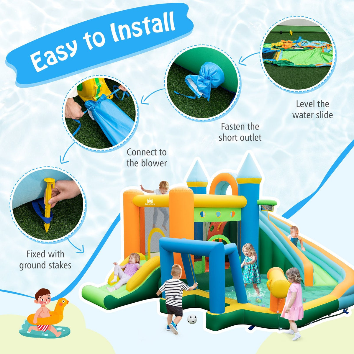 Inflatable Water Slide with Dual Slides and Splash Pool Bounce House with 735W Blower