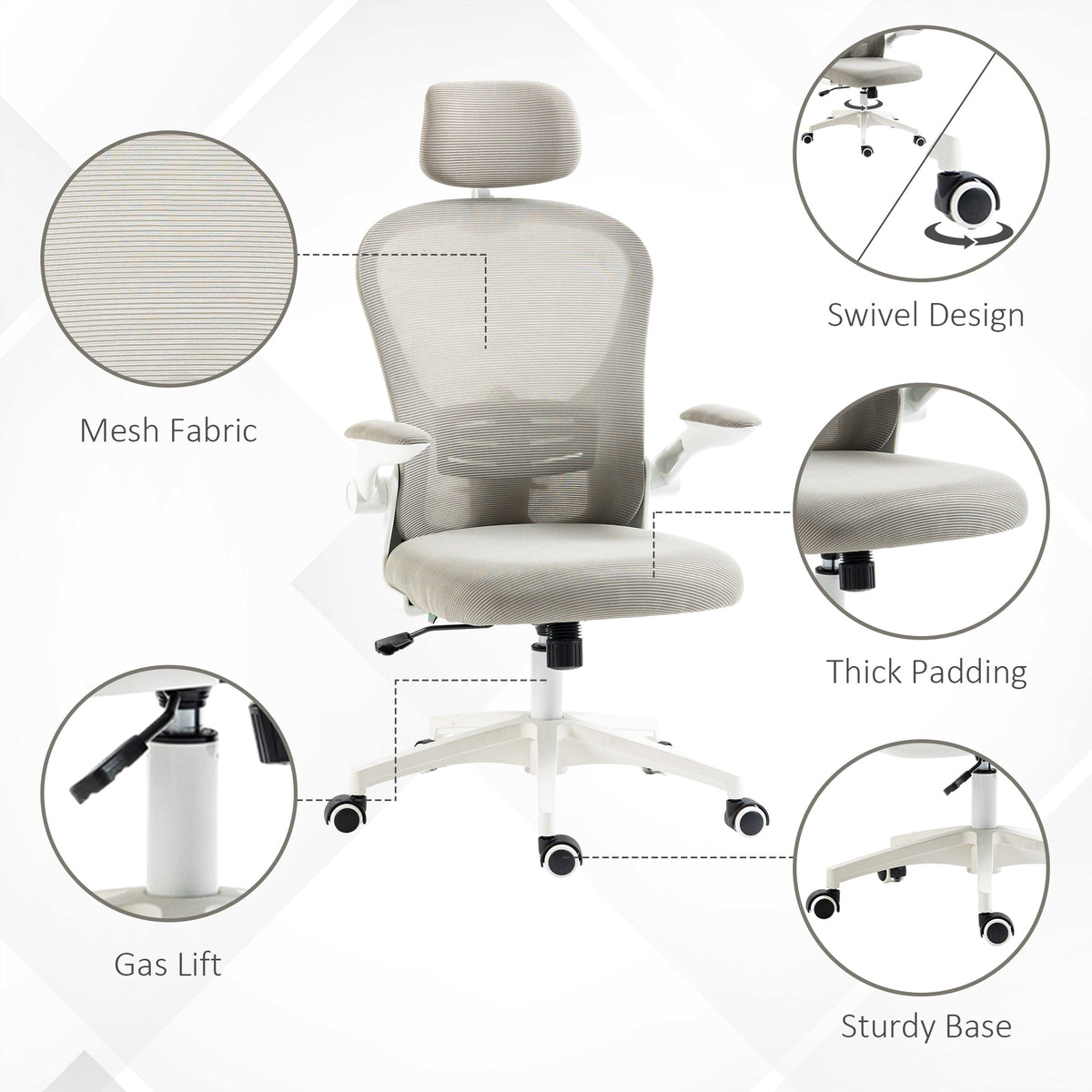 Office Chair, Mesh Computer Desk Chair with Adjustable Headrest, 4D Lumbar Support, Flip-up Arm, Grey