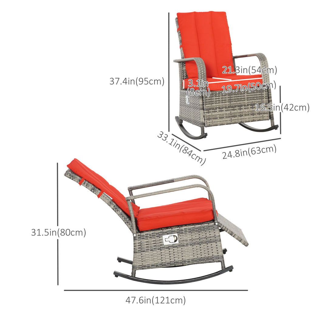 Outdoor Wicker Rocking Chair with Cushion, Patio PE Rattan Recliner Chair with Adjustable Footrest, Armrests, Dark Blue