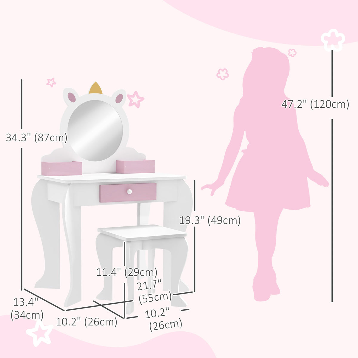 Kids Makeup Vanity Set with Stool, Mirror, Drawer, Storage Boxes, Unicorn Design, White