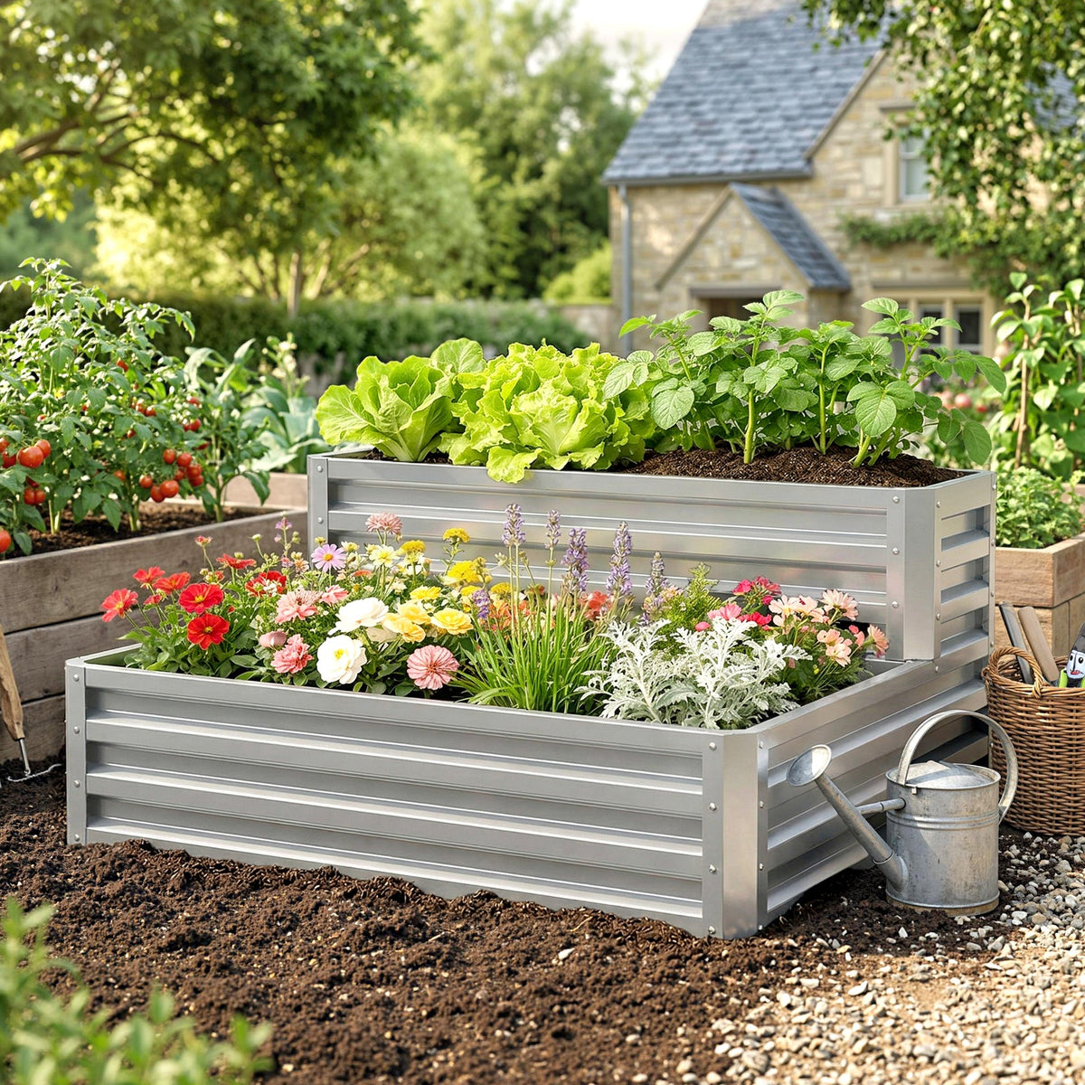 2 Tier Raised Garden Bed, 47" x 40" x 23" Galvanized Steel Planter Box for Vegetables, Flowers, and Herbs, Dark Grey