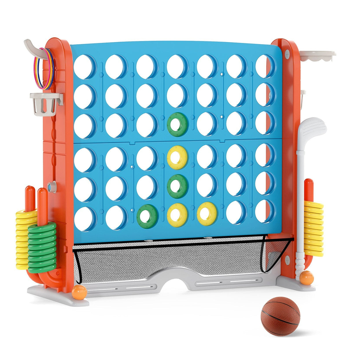 Jumbo 4-to-Score Game with Ring-toss and Basketball Hoop-Blue & Orange