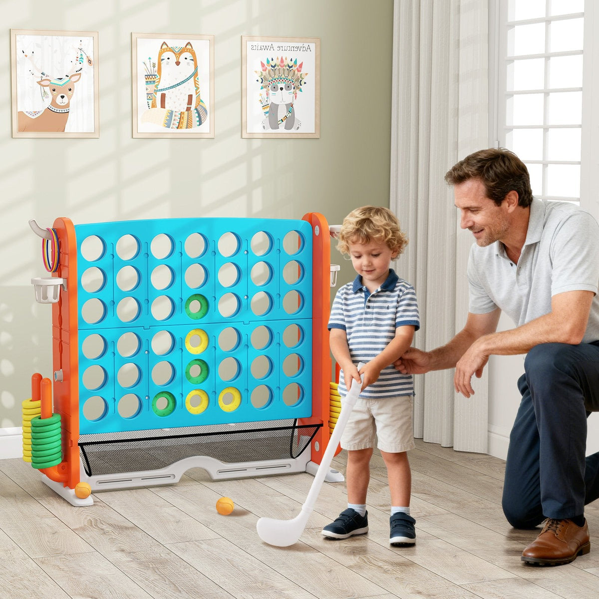 Jumbo 4-to-Score Game with Ring-toss and Basketball Hoop-Blue & Orange