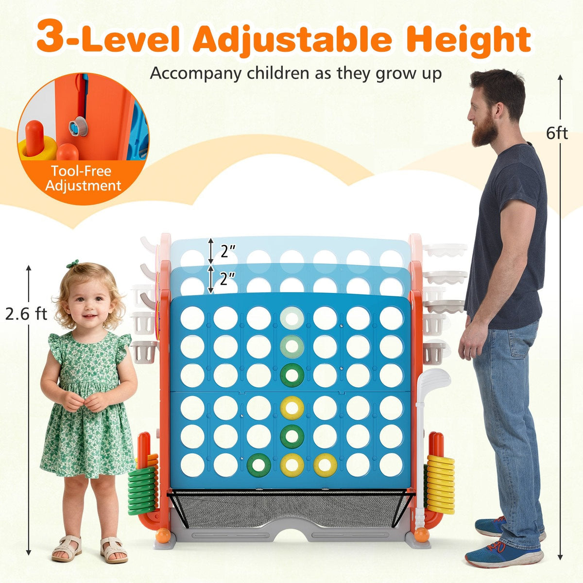 Jumbo 4-to-Score Game with Ring-toss and Basketball Hoop-Blue & Orange