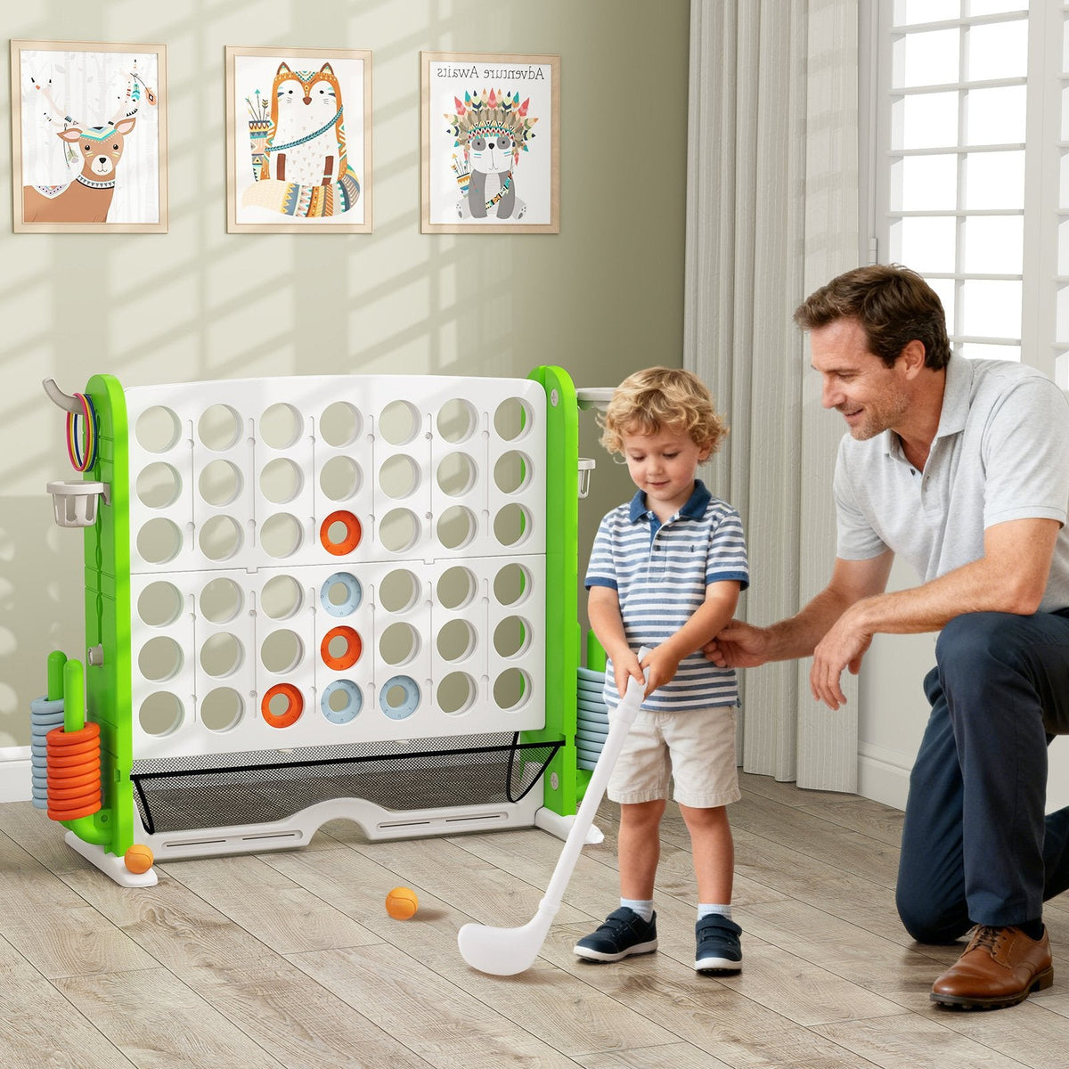 Jumbo 4-to-Score Game with Ring-toss and Basketball Hoop-Green