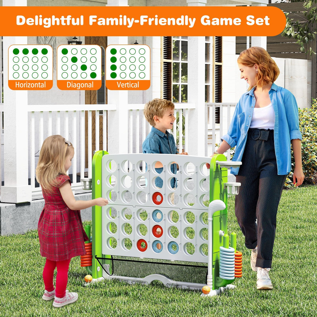 Jumbo 4-to-Score Game with Ring-toss and Basketball Hoop-Green