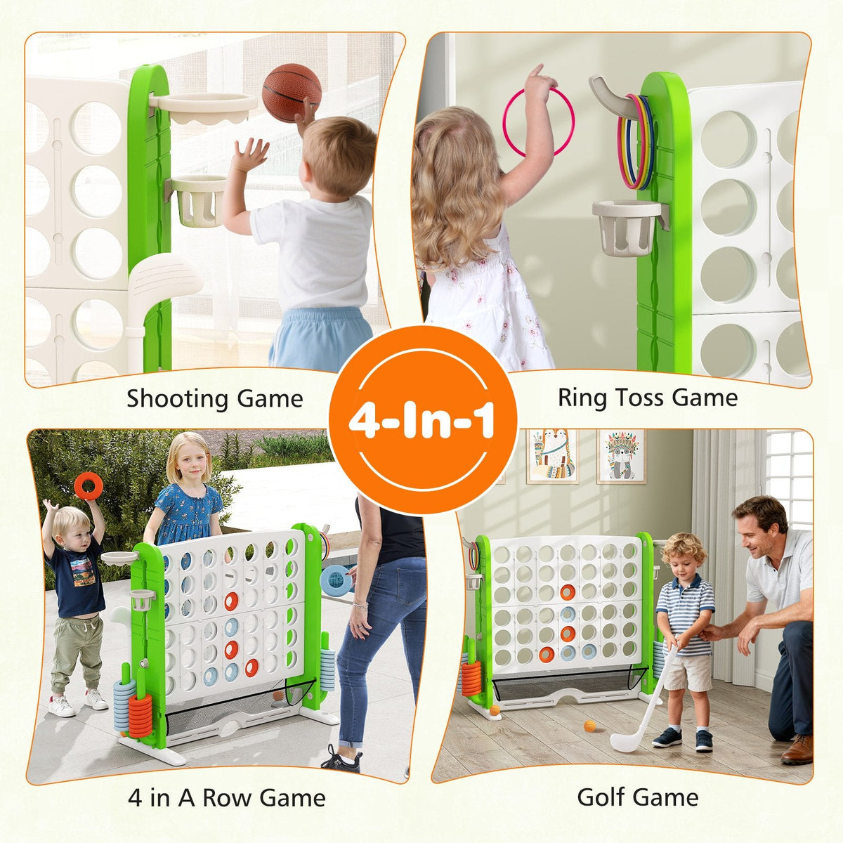 Jumbo 4-to-Score Game with Ring-toss and Basketball Hoop-Green