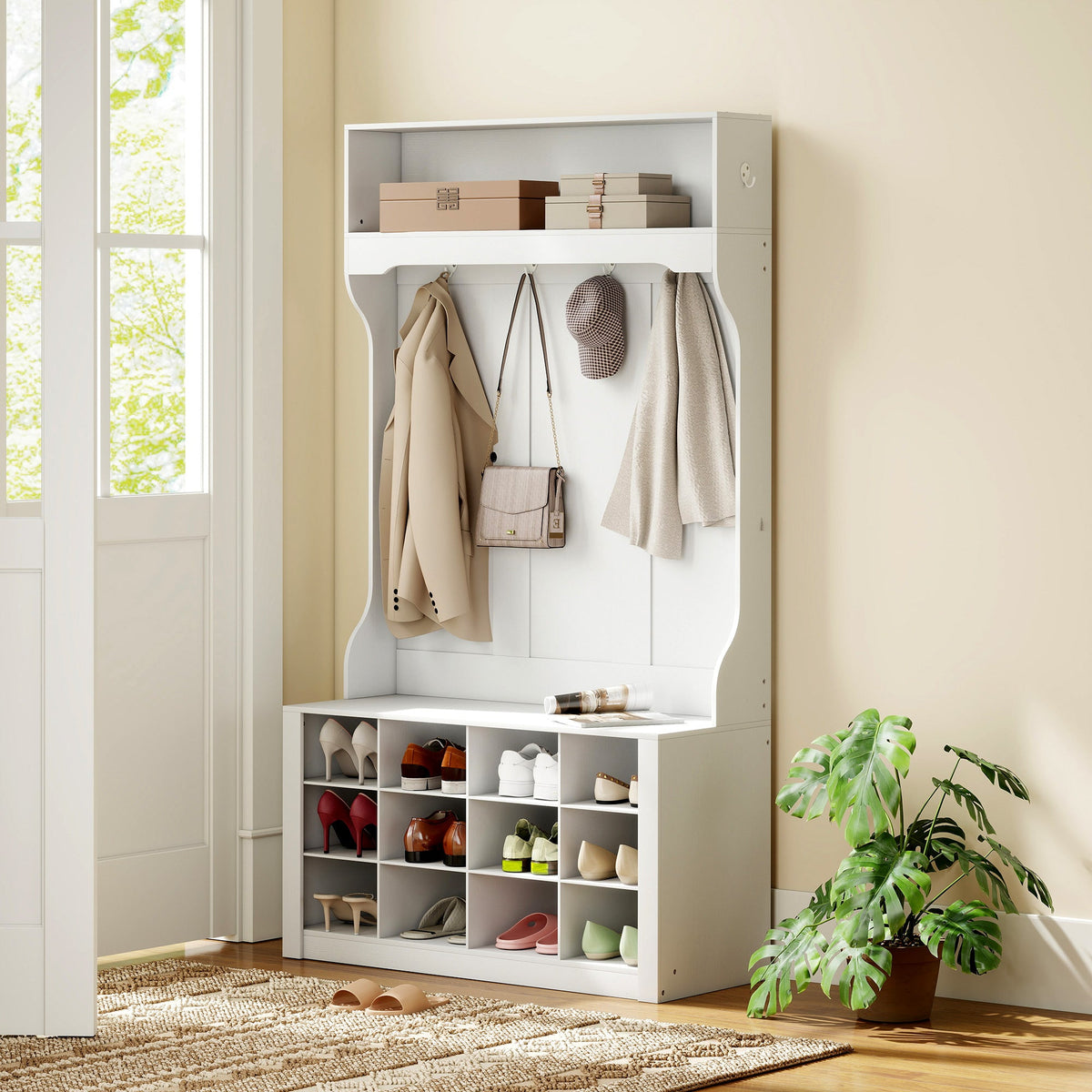4-In-1 Hall Tree with Bench and Shoe Storage, Farmhouse Coat Rack Shoe Bench with 12 Shoe Cubbies, 6 Hooks, Dark Brown