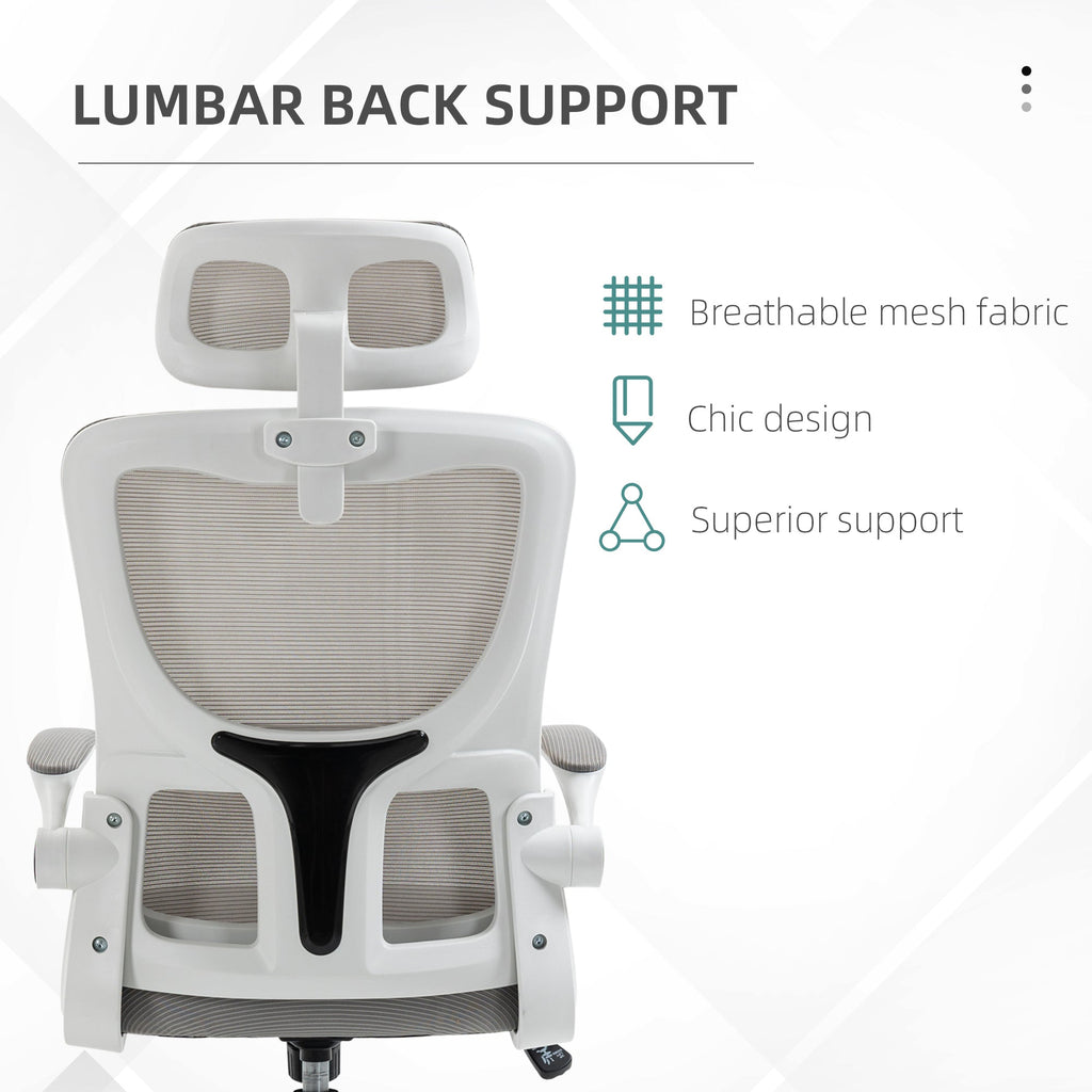 Ergonomic Office Chair, Mesh Computer Desk Chair with Adjustable Headrest, 4D Lumbar Support, Flip-up Arm, Grey