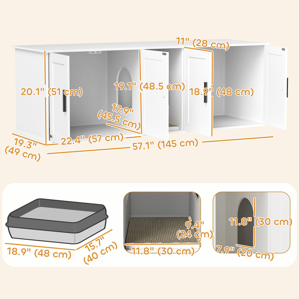 Cat Litter Box Enclosure with Double Room, Scratching Board for 2 Cats, 57" x 19" x 20", White