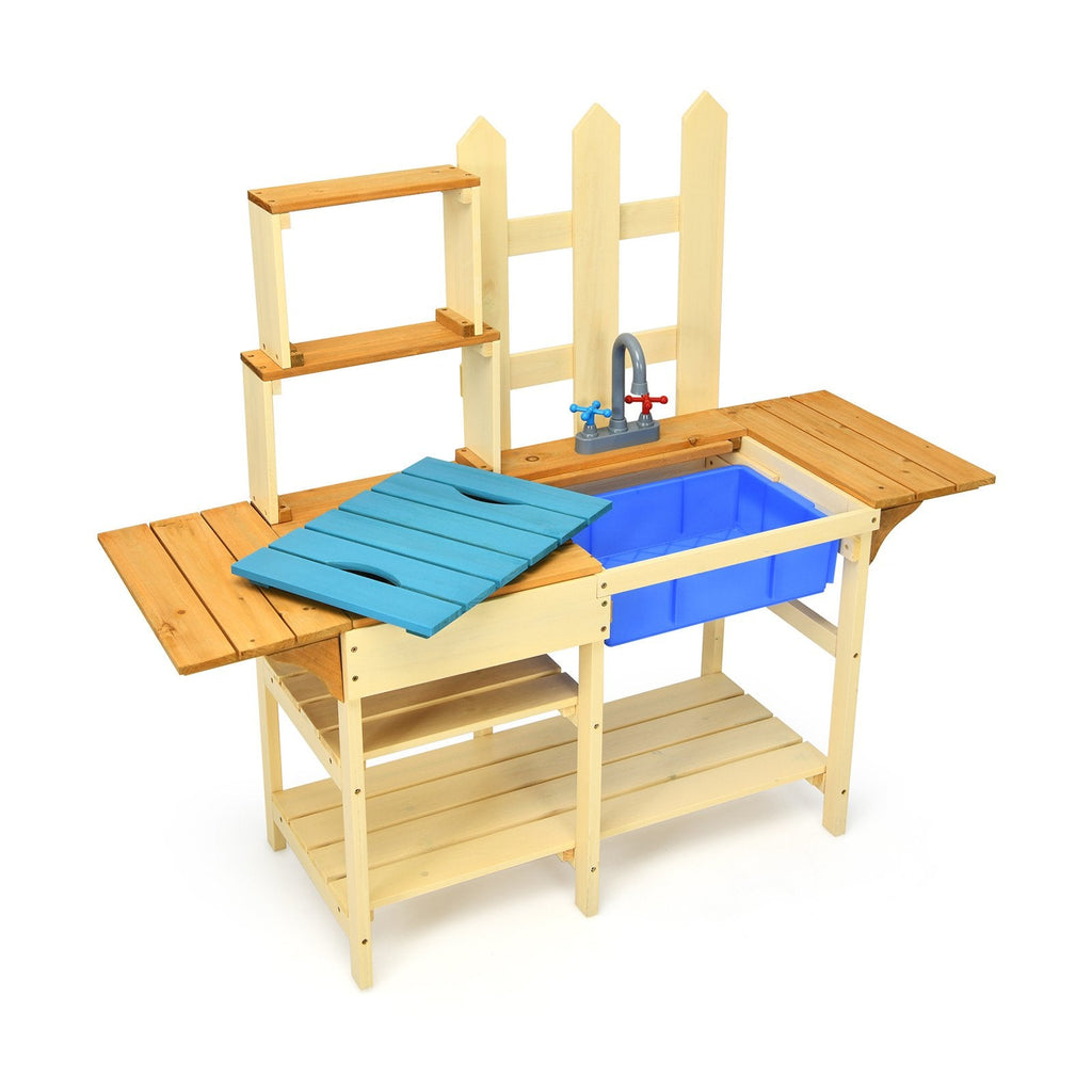 Outdoor Fir Wood Mud Kitchen for Kids with Basin, Tap and Folding Side Wings