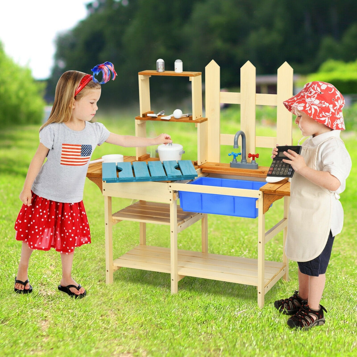 Outdoor Fir Wood Mud Kitchen for Kids with Basin, Tap and Folding Side Wings
